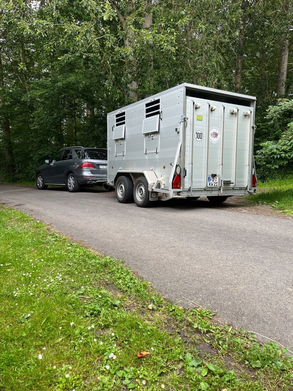 Auto mit silbernem Viehanhänger am Waldrand
